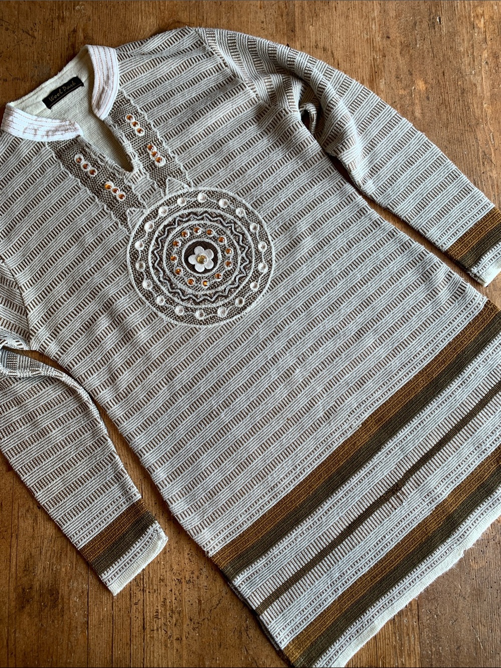 Wool Park Cream and Brown V-Neck Knit Sweater with Embroidered Medallion